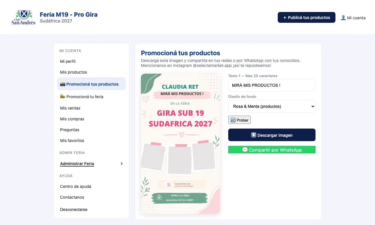 Pantalla "Promocioná tus productos" con la imagen generada y las opciones para probar variantes
